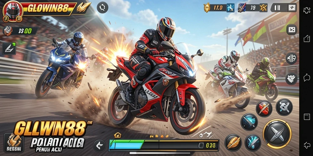 Gameplay seru GLOWIN88 dengan balapan motor yang cepat.